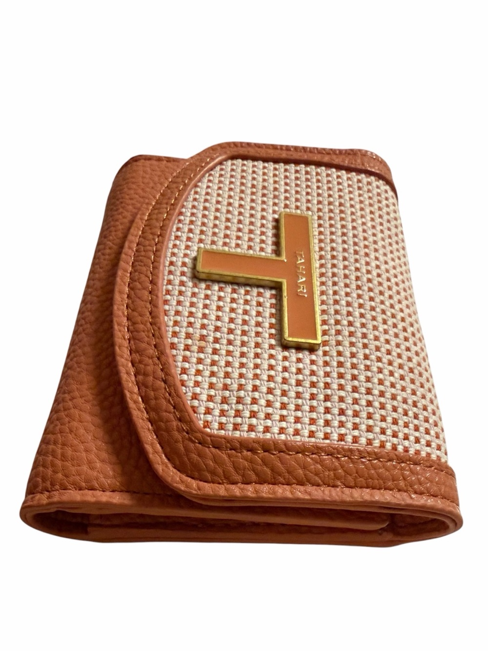 🧡TAHARI Terracotta Trifold Compact Wallet with Woven Panel. NWT